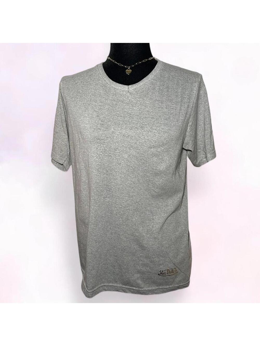 Von Dutch Grey V-Neck T-Shirt Gold Logo Size Medium Y2K McBling Streetwear - Picture 2 of 6